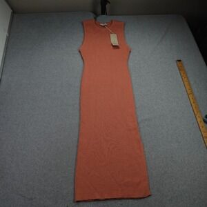 ACOA Dress Womens Large Orange Ribbed Knit Minimalist Bodycon Sleeveless Midi